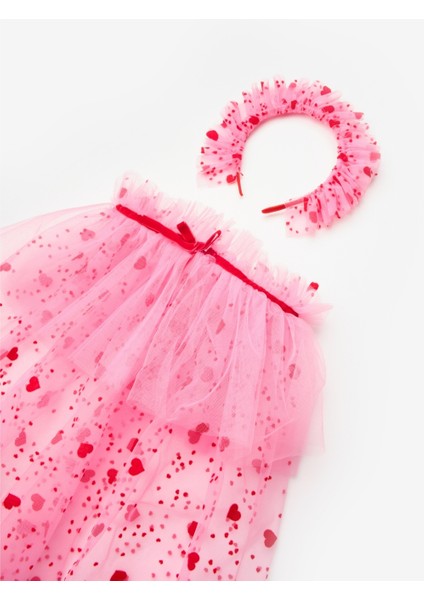 Pembe Flok Kalp Baskılı Kız Çocuk Pelerin Asa ve Taç Set