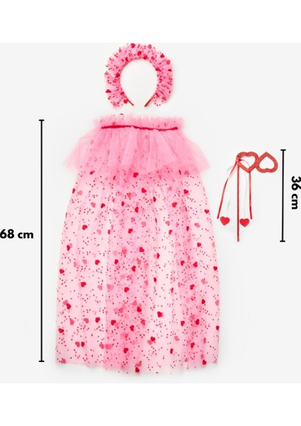 Pembe Flok Kalp Baskılı Kız Çocuk Pelerin Asa ve Taç Set