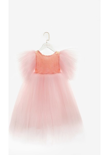 Somon Önü Pullu Kız Çocuk Tül Elbise - Halsey