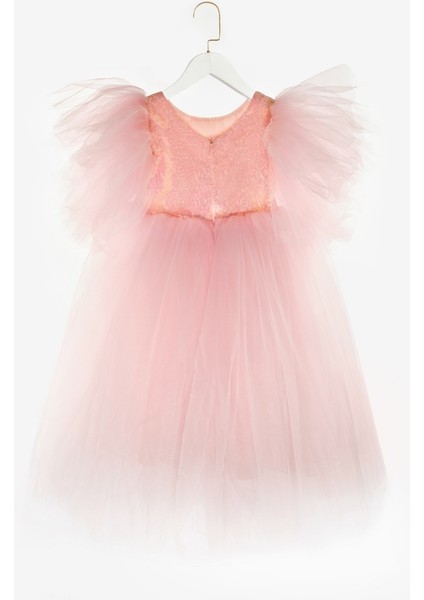 Somon Önü Pullu Kız Çocuk Tül Elbise - Halsey