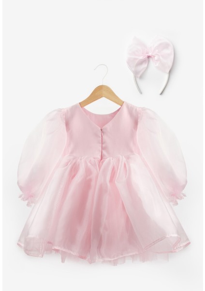 Pembe Uzun Kollu Organze Kız Çocuk Parti Elbisesi - Sage