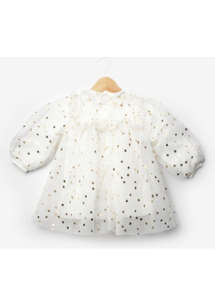 Ekru Yıldız Detaylı Kız Bebek Tül Elbise - Vanessa