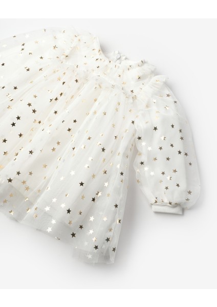 Ekru Yıldız Detaylı Kız Bebek Tül Elbise - Vanessa