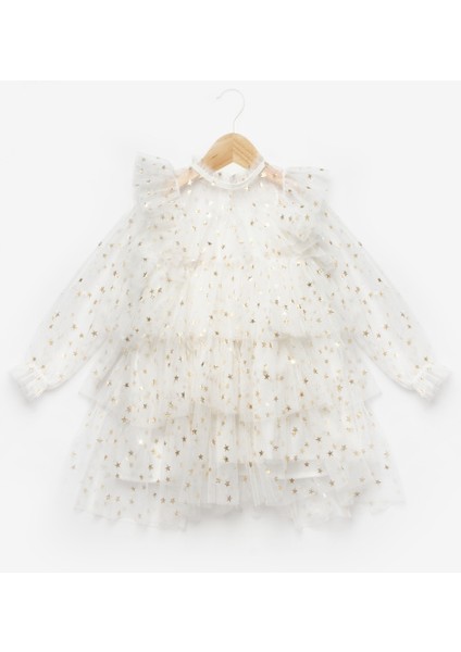 Ekru Yıldız Desenli Katlı Kız Çocuk Elbise - Felicia