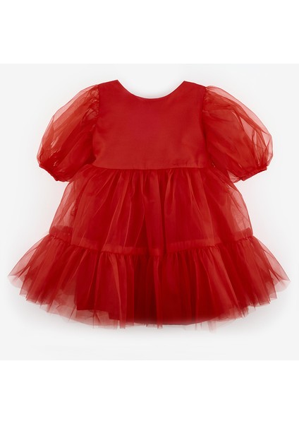 Kırmızı Eteği Fırfırlı Kemerli Kız Çocuk Tül Elbise - Casey
