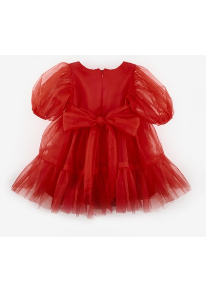 Kırmızı Eteği Fırfırlı Kemerli Kız Çocuk Tül Elbise - Casey