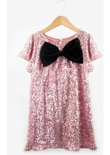 Pembe Pullu Fiyonk Detaylı Kız Çocuk Elbise - Rhea