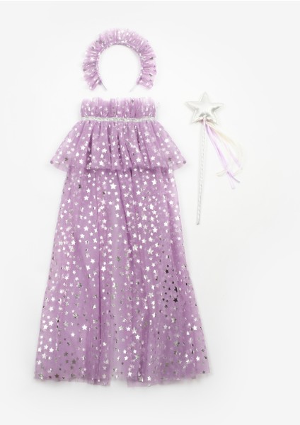 Lila Kız Çocuk Yıldızlı Pelerin Asa ve Taç Set
