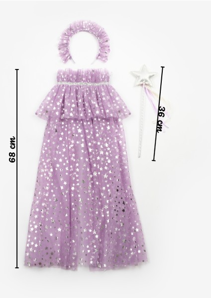 Lila Kız Çocuk Yıldızlı Pelerin Asa ve Taç Set