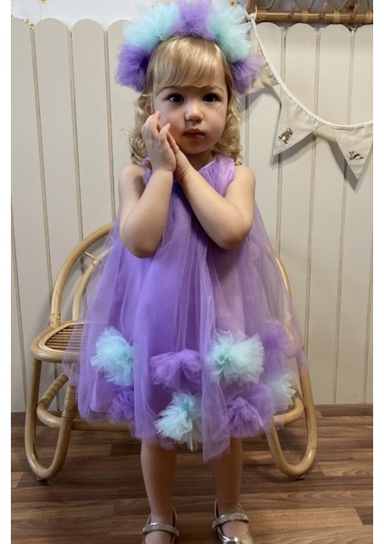 Lila Eteği Ponpon Detaylı Kız Çocuk Elbise - Alexa