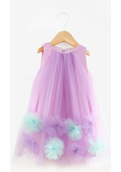 Lila Eteği Ponpon Detaylı Kız Çocuk Elbise - Alexa