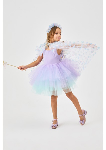 Mavi Kelebek Aplikeli Kız Çocuk Pelerin Asa Taç Set