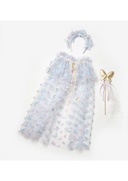 Mavi Kelebek Aplikeli Kız Çocuk Pelerin Asa Taç Set