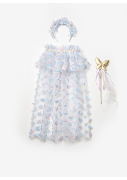 Mavi Kelebek Aplikeli Kız Çocuk Pelerin Asa Taç Set