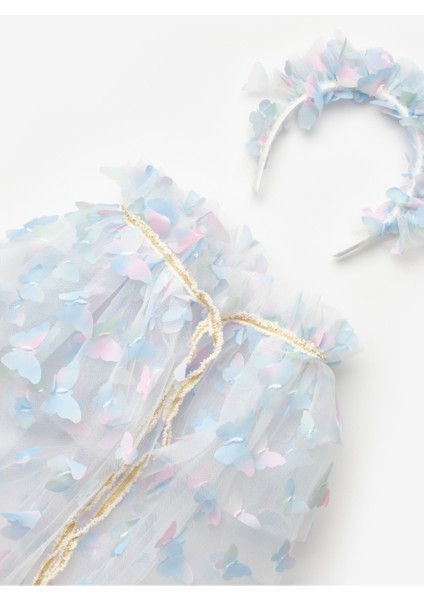 Mavi Kelebek Aplikeli Kız Çocuk Pelerin Asa Taç Set