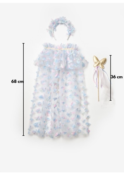 Mavi Kelebek Aplikeli Kız Çocuk Pelerin Asa Taç Set