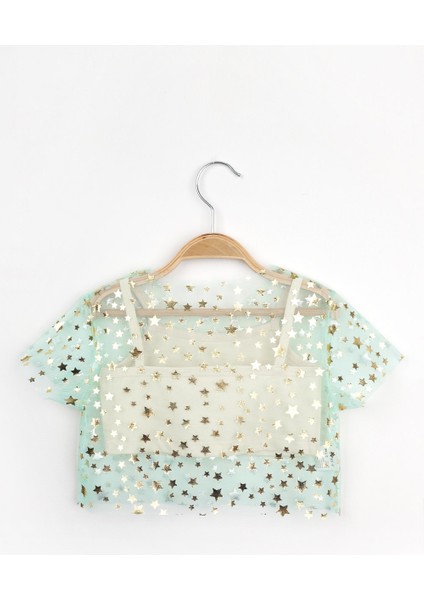 Mint Yıldız Baskılı Kız Çocuk Tül Crop