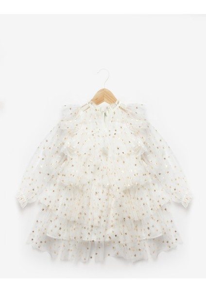 Ekru Yıldız Desenli Katlı Kız Çocuk Elbise - Felicia