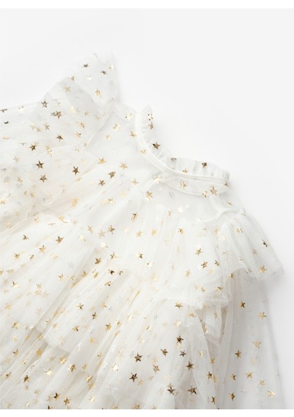 Ekru Yıldız Desenli Katlı Kız Çocuk Elbise - Felicia