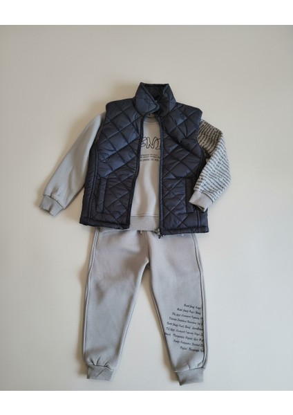 Modern Kapitone Yelekli Baskılı 3 Iplik Sweatshirt ve Eşofman Altı 3'lü Erkek Çocuk Takımı fiyatları