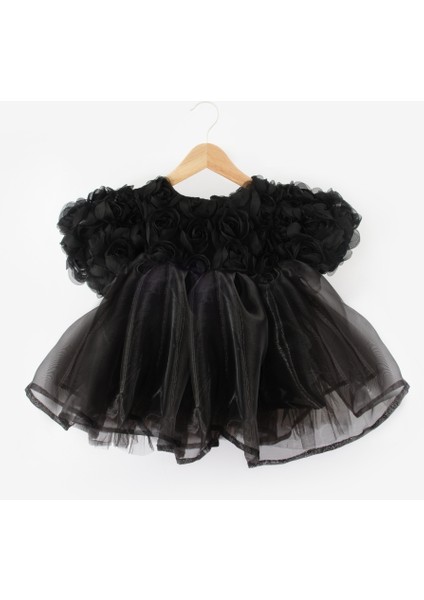 Siyah Gül Detaylı Tül Etekli Kız Çocuk Elbise - Nelia