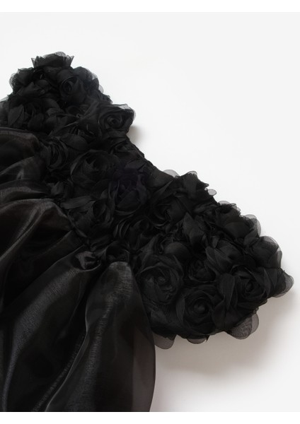 Siyah Gül Detaylı Tül Etekli Kız Çocuk Elbise - Nelia