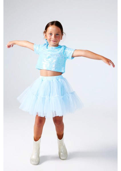 Mavi Üzeri Pul Detaylı Tül Etekli İkili Takım - Freya