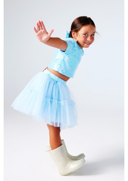 Mavi Üzeri Pul Detaylı Tül Etekli İkili Takım - Freya