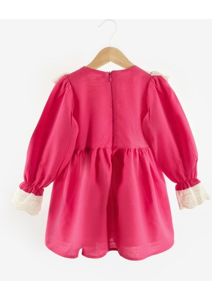 Fuşya Fisto Yakalı Keten Kız Çocuk Elbise - Trinetta indirimleri
