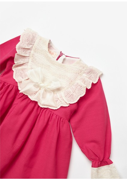Fuşya Fisto Yakalı Keten Kız Çocuk Elbise - Trinetta
