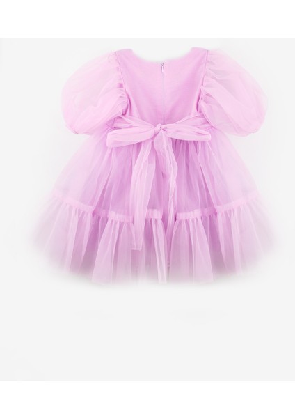 Lila Eteği Fırfırlı Kemerli Kız Çocuk Tül Elbise - Casey