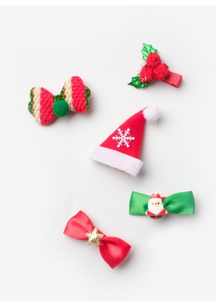 Kırmızı Fiyonk Detaylı 5'li Yılbaşı Kız Çocuk Toka Set