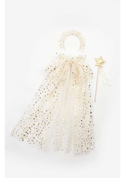 Ekru Kız Çocuk Yıldızlı Pelerin Asa ve Taç Set