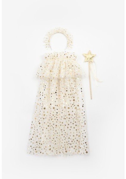 Ekru Kız Çocuk Yıldızlı Pelerin Asa ve Taç Set