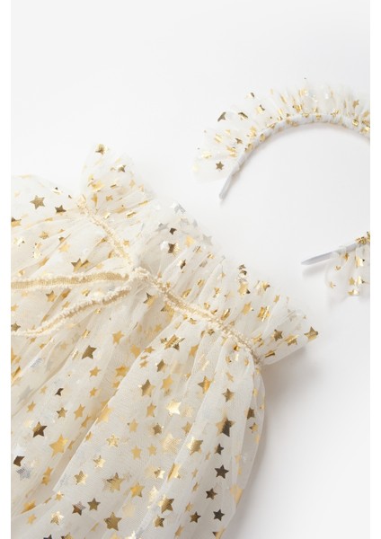 Ekru Kız Çocuk Yıldızlı Pelerin Asa ve Taç Set