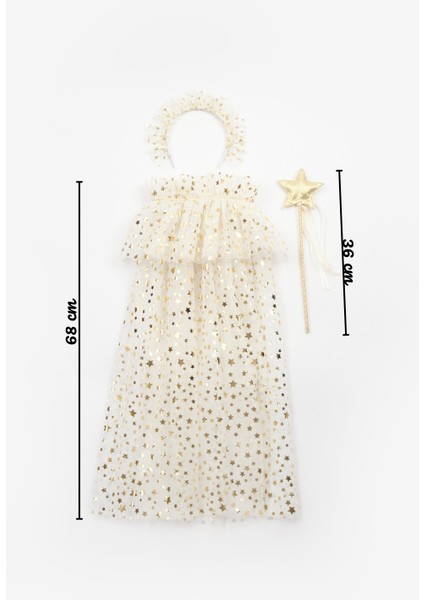 Ekru Kız Çocuk Yıldızlı Pelerin Asa ve Taç Set