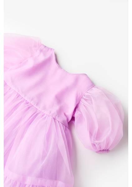 Lila Eteği Fırfırlı Kemerli Kız Çocuk Tül Elbise - Casey indirimleri