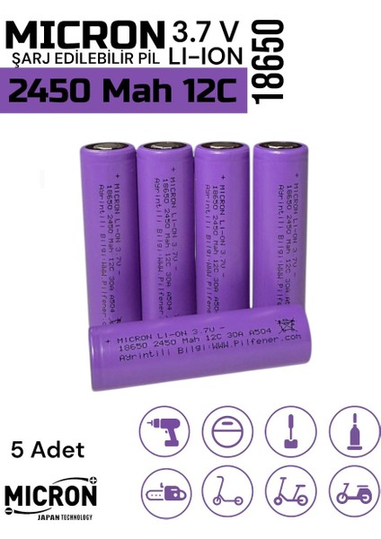 18650 3.7V (Volt) 2450 Mah 12C Lityum Şarj Edilebilir 5 Adet Pil(Batarya) Pil Kutusu Hediyeli
