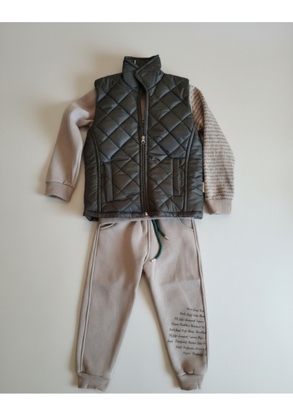 Modern Kapitone Yelekli Baskılı 3 Iplik Sweatshirt ve Eşofman Altı 3'lü Erkek Çocuk Takımı fiyatları