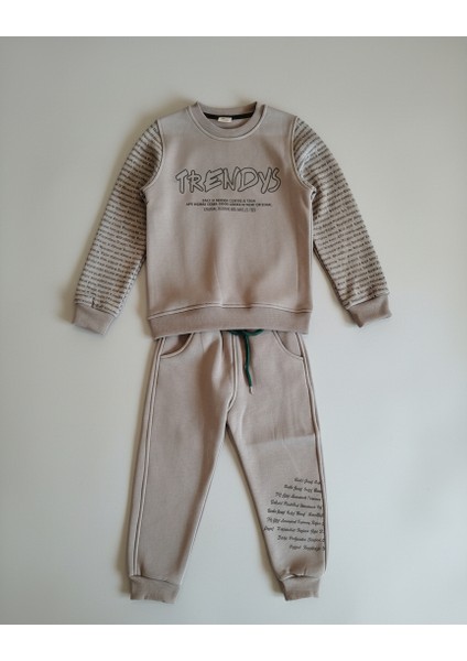 Modern Kapitone Yelekli Baskılı 3 Iplik Sweatshirt ve Eşofman Altı 3'lü Erkek Çocuk Takımı modelleri