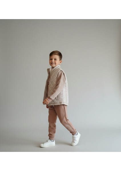 Modern Kapitone Yelekli Baskılı 3 Iplik Sweatshirt ve Eşofman Altı 3'lü Erkek Çocuk Takımı