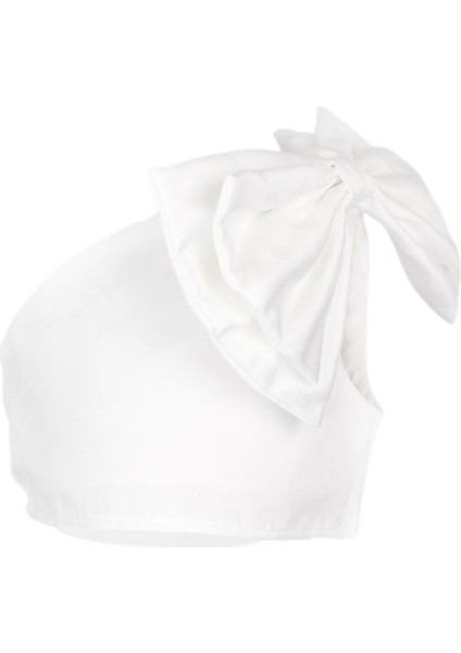 Beyaz Tek Omuzlu Fiyonk Detaylı Kız Çocuk Crop fırsatları