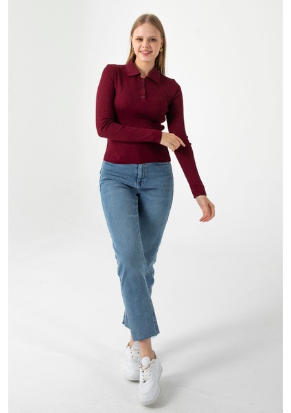 Kadın Polo Yaka Düğme Detaylı Fitilli Triko Body Bordo - 25K 2057