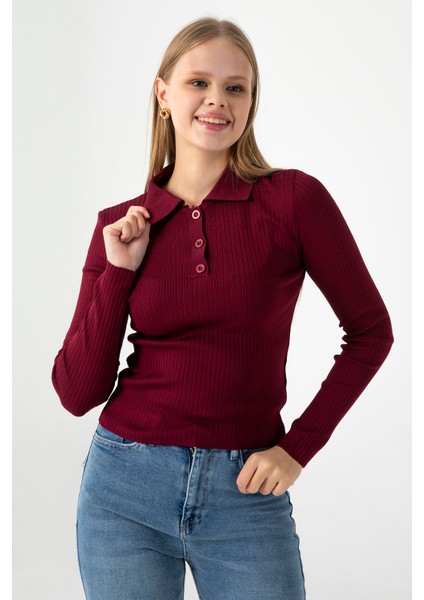 Kadın Polo Yaka Düğme Detaylı Fitilli Triko Body Bordo - 25K 2057 modelleri