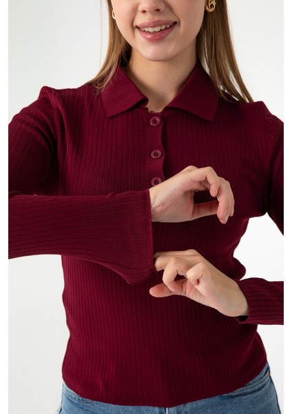 Kadın Polo Yaka Düğme Detaylı Fitilli Triko Body Bordo - 25K 2057 fırsatları