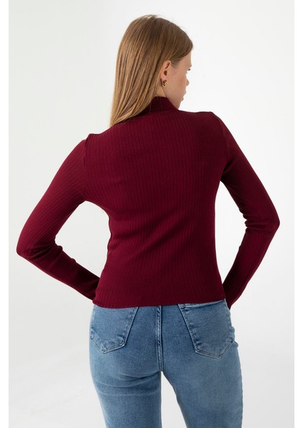 Kadın Polo Yaka Düğme Detaylı Fitilli Triko Body Bordo - 25K 2057 indirimleri