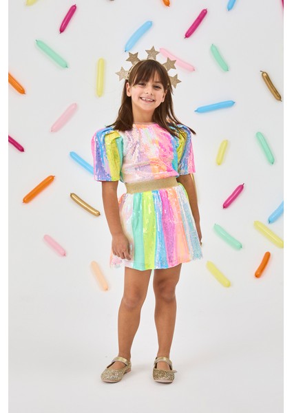 Çok Renkli Pul Payetli Kız Çocuk Crop