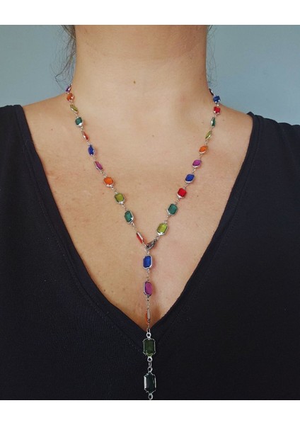 Çelik Dikdörtgen Taşlı Renkli Kolye