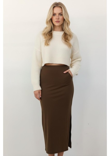 8157A Bel Lastikli Etek Kahve