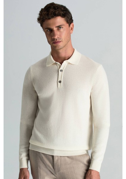 Polo Yaka Saf Kaşmir Ekru Kazak